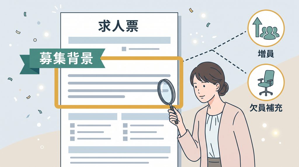 求人票の募集背景の欄を見て、増員か欠員補充かを確かめる求職者のイラスト