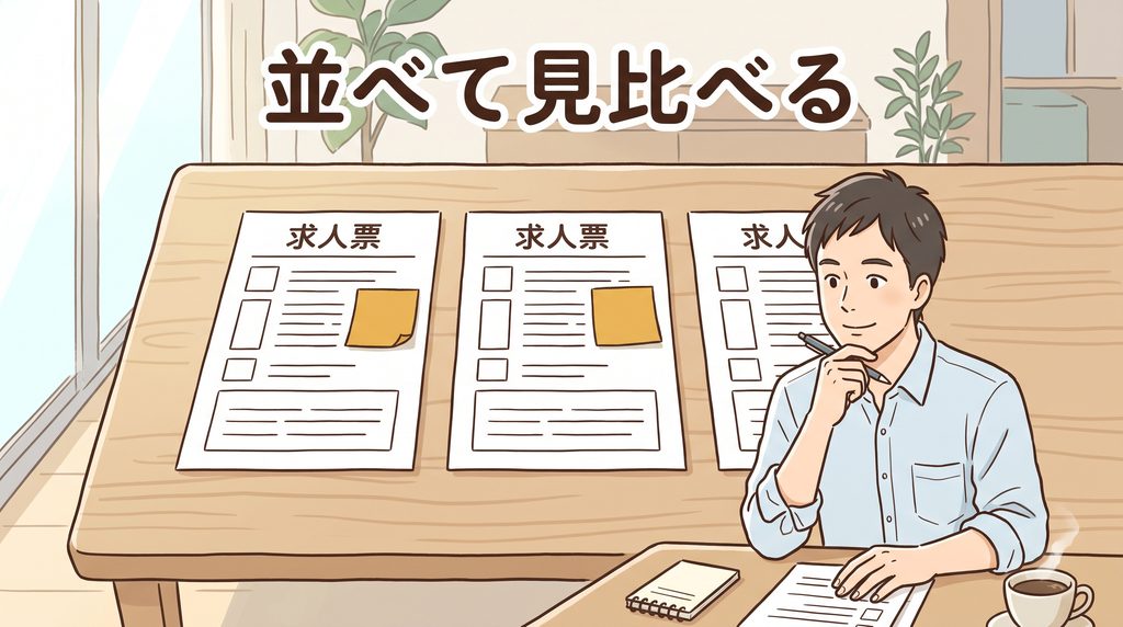机に求人票を3枚並べて、落ち着いて見比べる求職者のイラスト