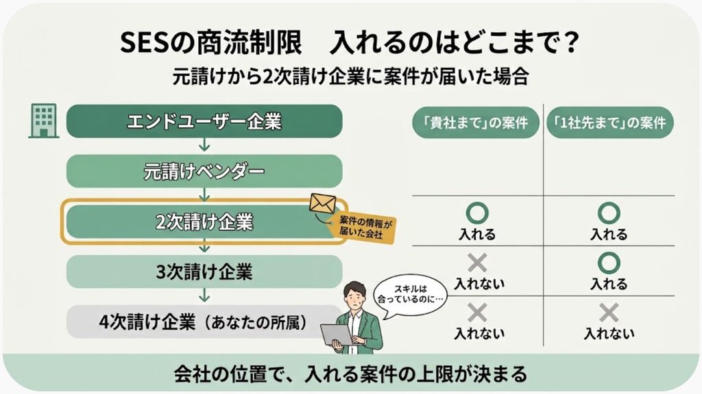 SESの商流制限の図。元請けから2次請け企業に案件が届いた場合、「貴社まで」の案件に入れるのは2次請け企業の社員だけ、「1社先まで」の案件なら3次請け企業の社員まで入れる。4次請け企業はどちらの案件にも入れない