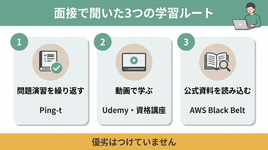 AWS SAA合格者が面接で語った3つの学習方法をまとめた図