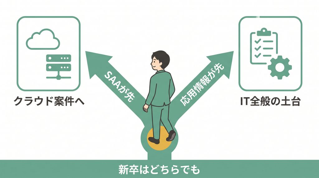 応用情報技術者試験とAWS SAAのどちらを先に取るか目的別に示した図