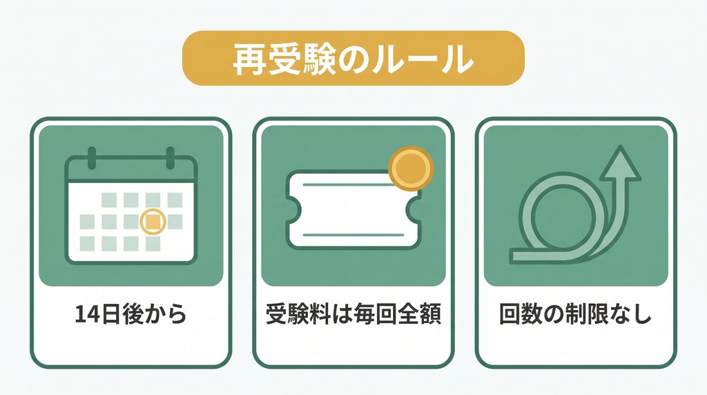 AWS SAA不合格後の再受験ルール(14日・毎回全額・回数制限なし)の図