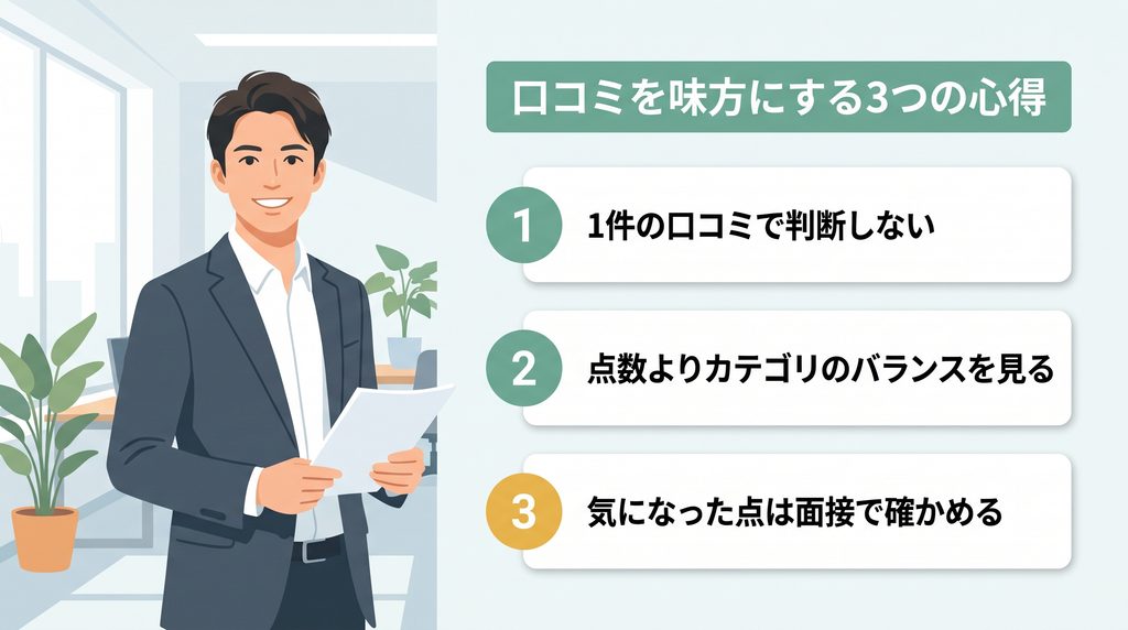 転職会議の口コミを活かして転職を成功させるための3つの心得をまとめた図