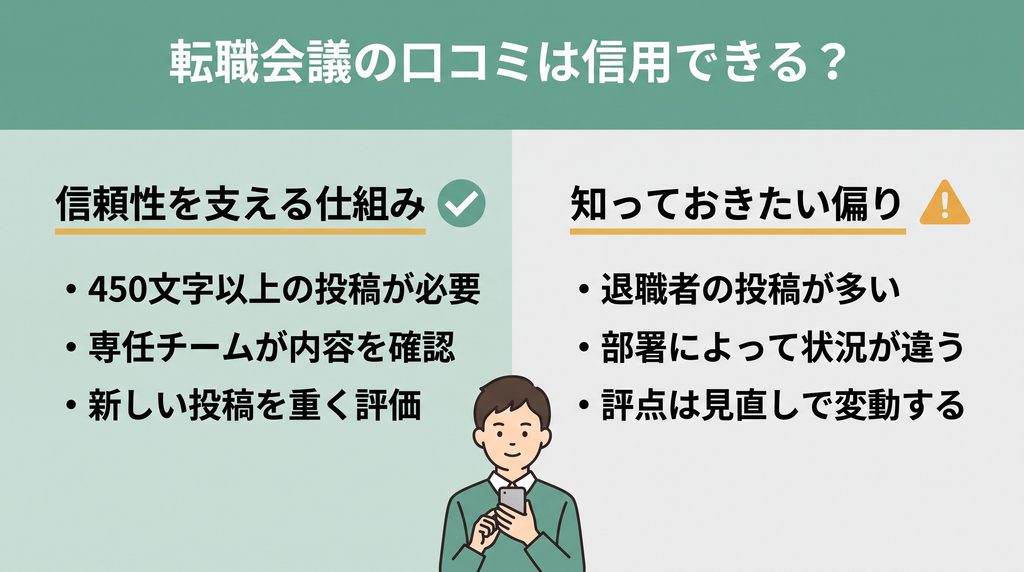 転職会議の口コミの信頼性を支える仕組みと、口コミに偏りが生まれる理由を比較した図
