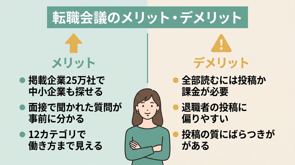 転職会議のメリット3つとデメリット3つを左右に並べて比較した図