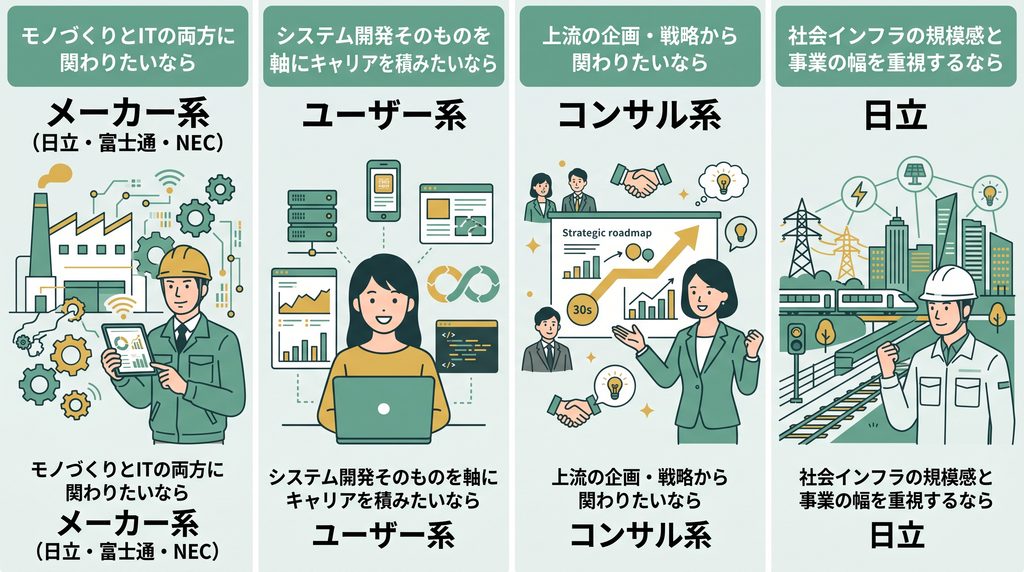 メーカー系・ユーザー系・コンサル系の事業構造を比較した図
