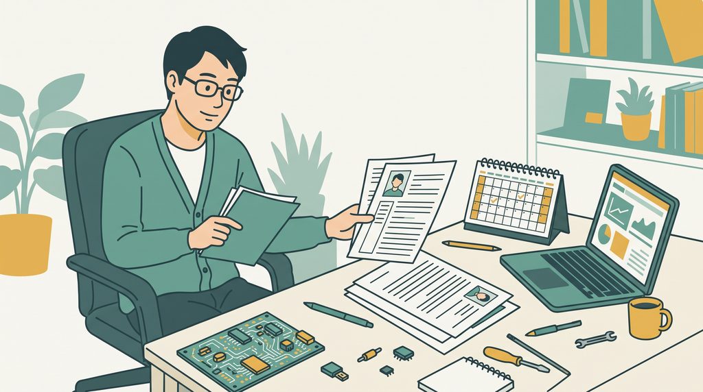 職務経歴書の資格欄を見直しながら、受験するかを考えるエンジニア