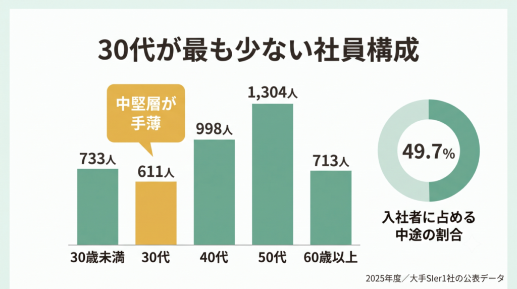 BIPROGY単体の年代別従業員数と、キャリア採用比率の推移を示した図