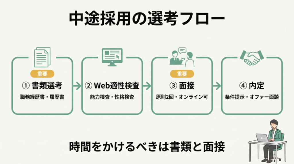 CTC中途採用の選考フロー（書類選考・Web適性検査・面接・内定）