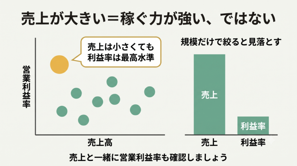独立系SIerの売上規模と営業利益率が一致しないことを示す図
