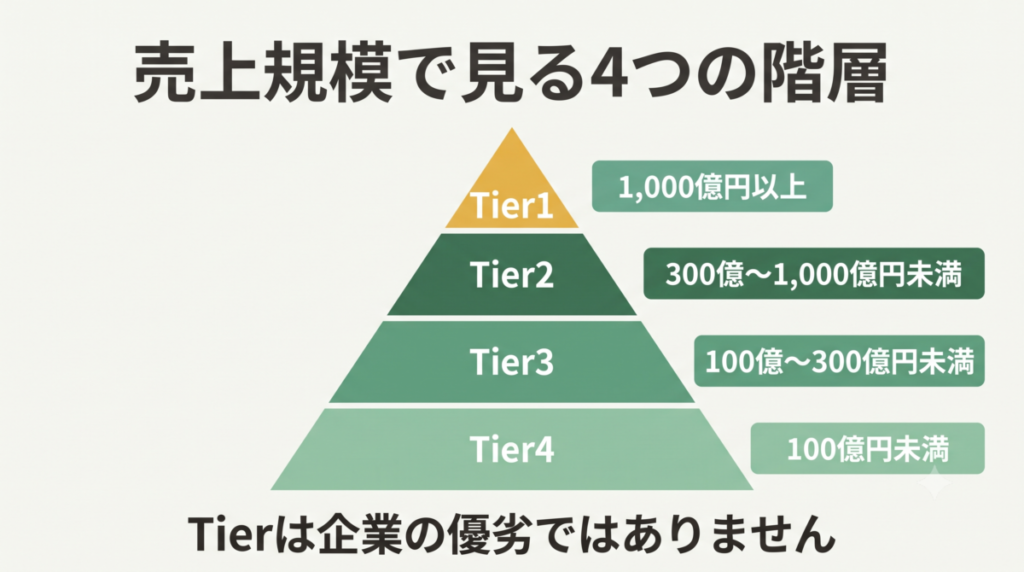 独立系SIerを売上高でTier1〜Tier4に分けた分布の早見図