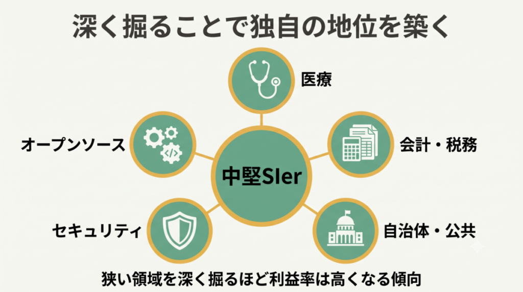 特定の業界や技術領域に強みを持つTier2の独立系SIerのイメージ図