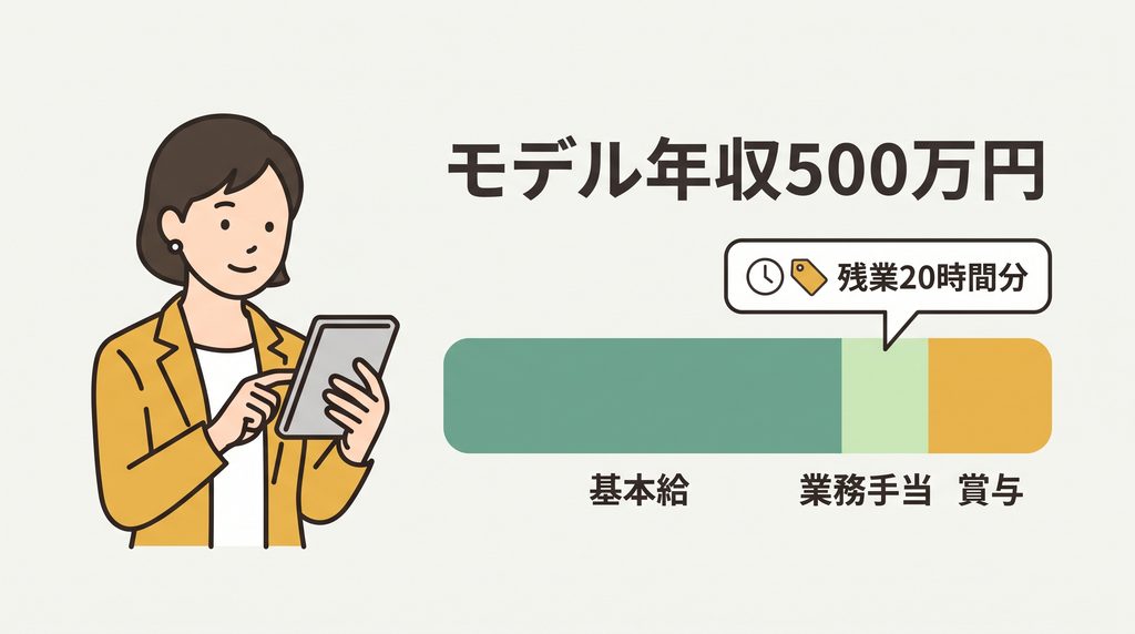 SCSKのモデル年収500万円の内訳。業務手当に残業20時間分を含む