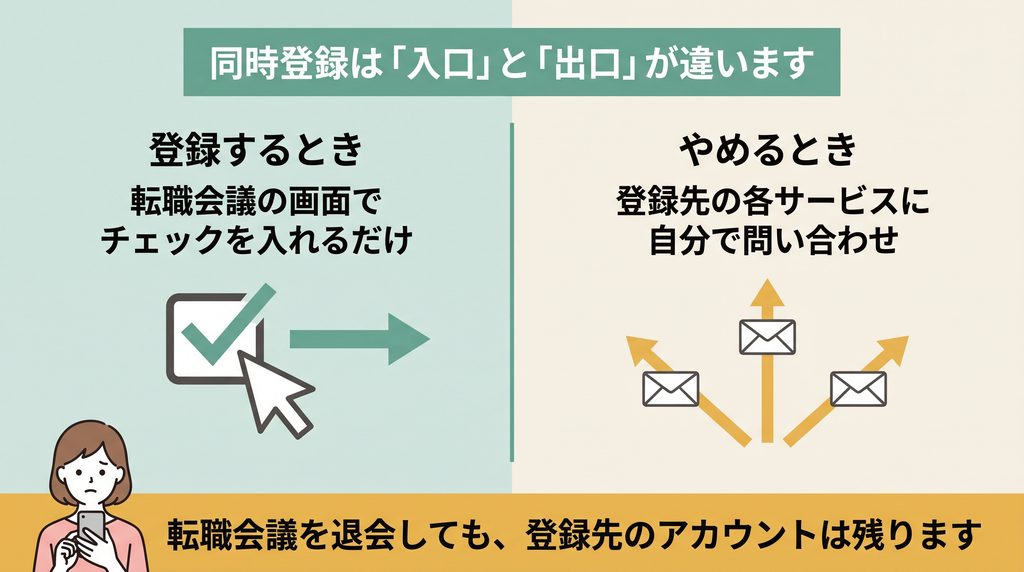 転職サービスへの同時登録は、登録は1クリックでも退会は各社への個別問い合わせが必要であることを示した図