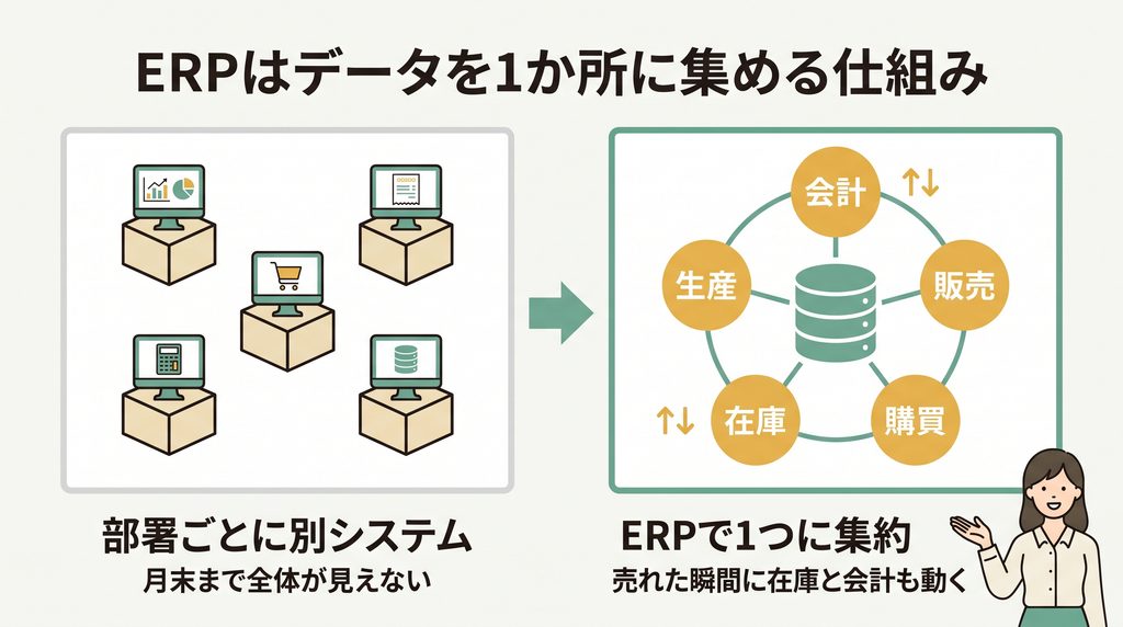 ERPとは、会計・販売・購買・在庫・生産のデータを1か所に集める仕組み
