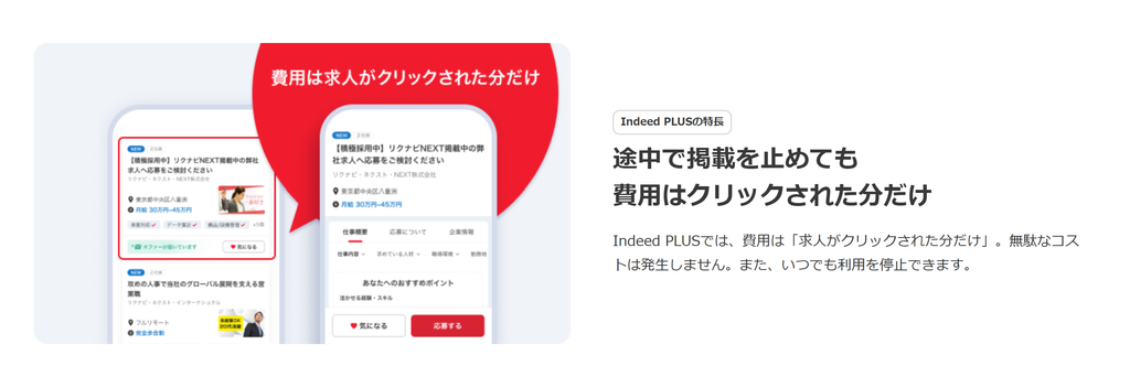 企業向けの案内ページ「途中で掲載を止めても費用はクリックされた分だけ」