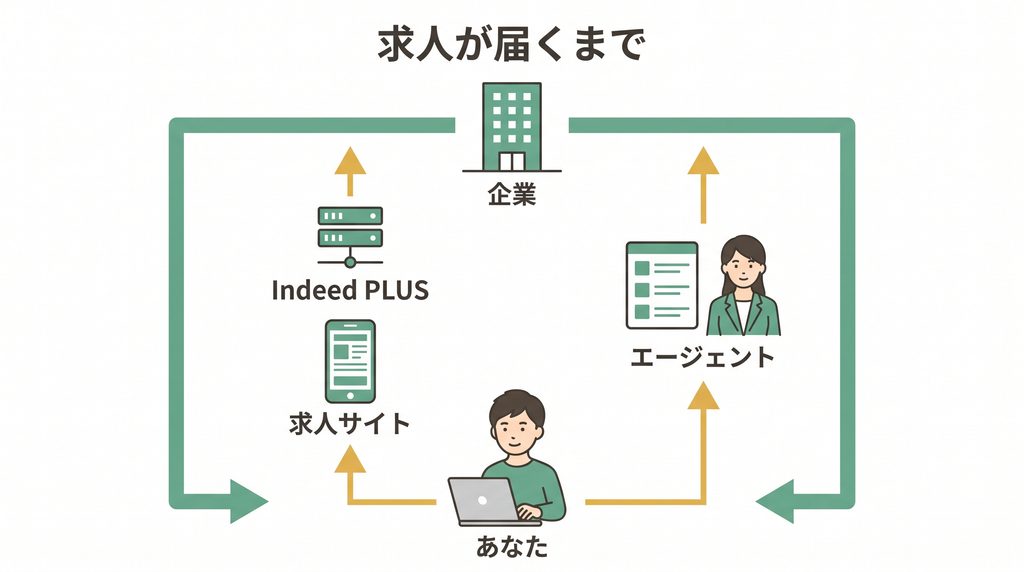 リクナビNEXTはIndeed PLUS経由、エージェントは担当者が間に入る経路
