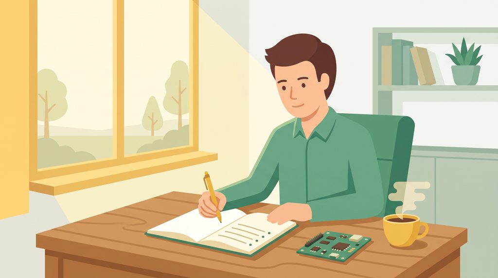 担当案件を書き出して次の一歩を考える組み込みエンジニアのイメージ